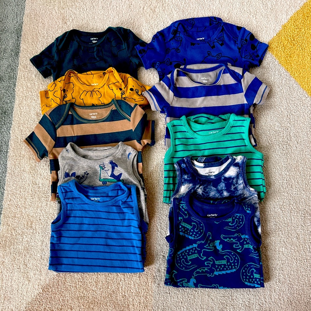 Baby Boy 18 month onesies, short sleeve and tank tops.